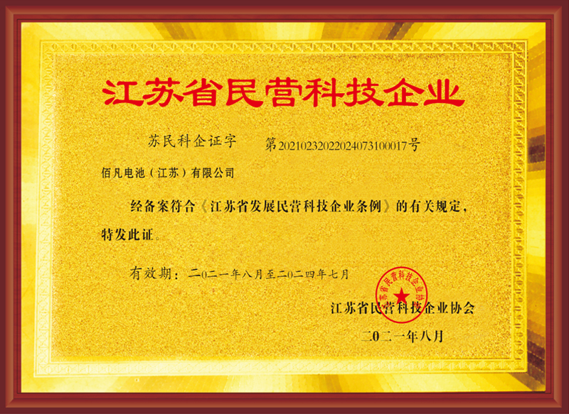 佰凡電池(江蘇)有限公司獲評“江蘇省民營科技企業”(圖1) 佰凡電池(江蘇)有限公司獲評“江蘇省民營科技企業”(圖1)